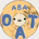 A circular sticker or graphic design featuring a stylized vinyl record background in warm beige, with the words 'ABA OAT' in blue letters and a small smiling face in the center, shown on a light gray background.